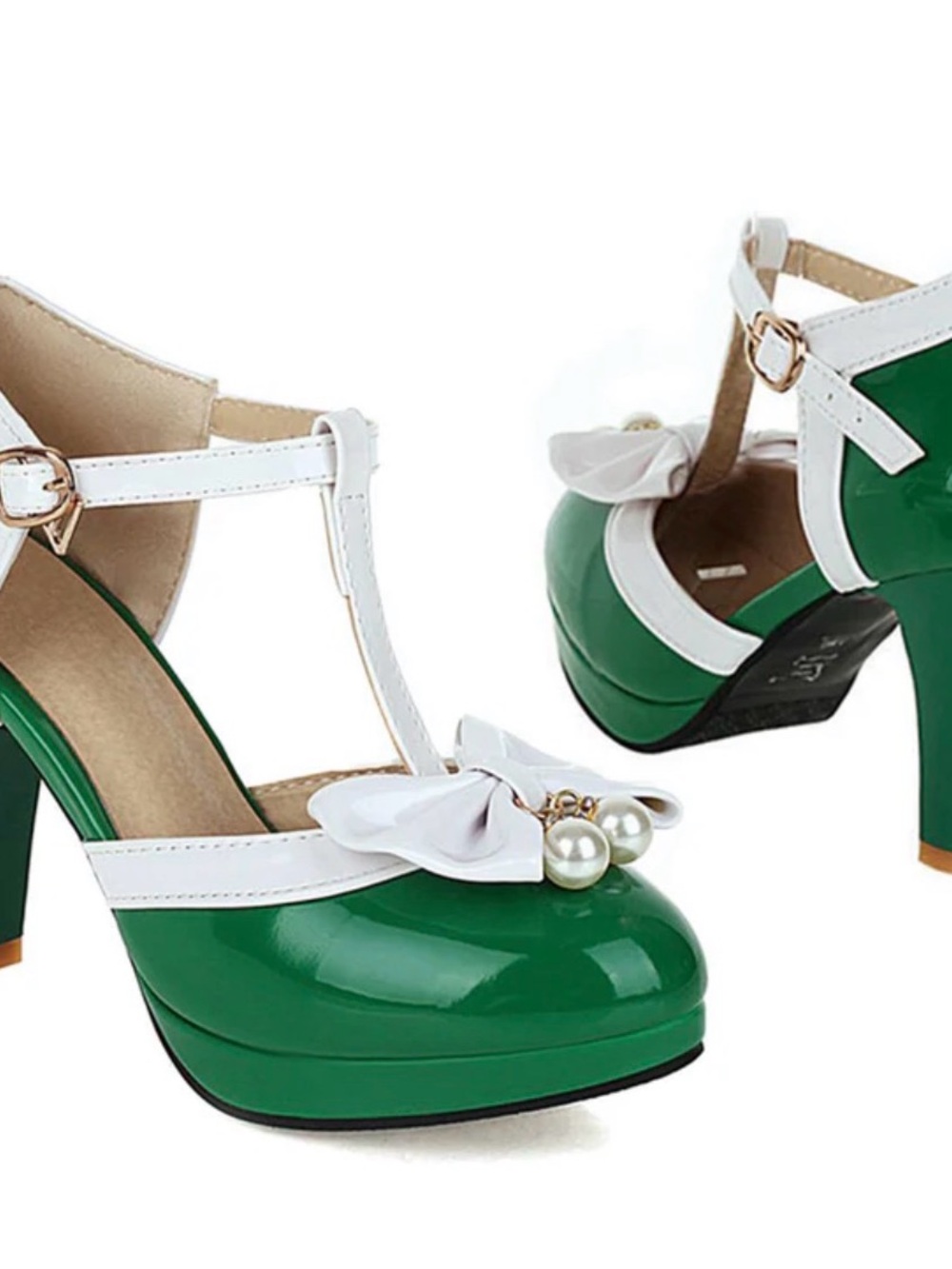 Retro Green and White T-Strap Heels with Pearl Bow Accent